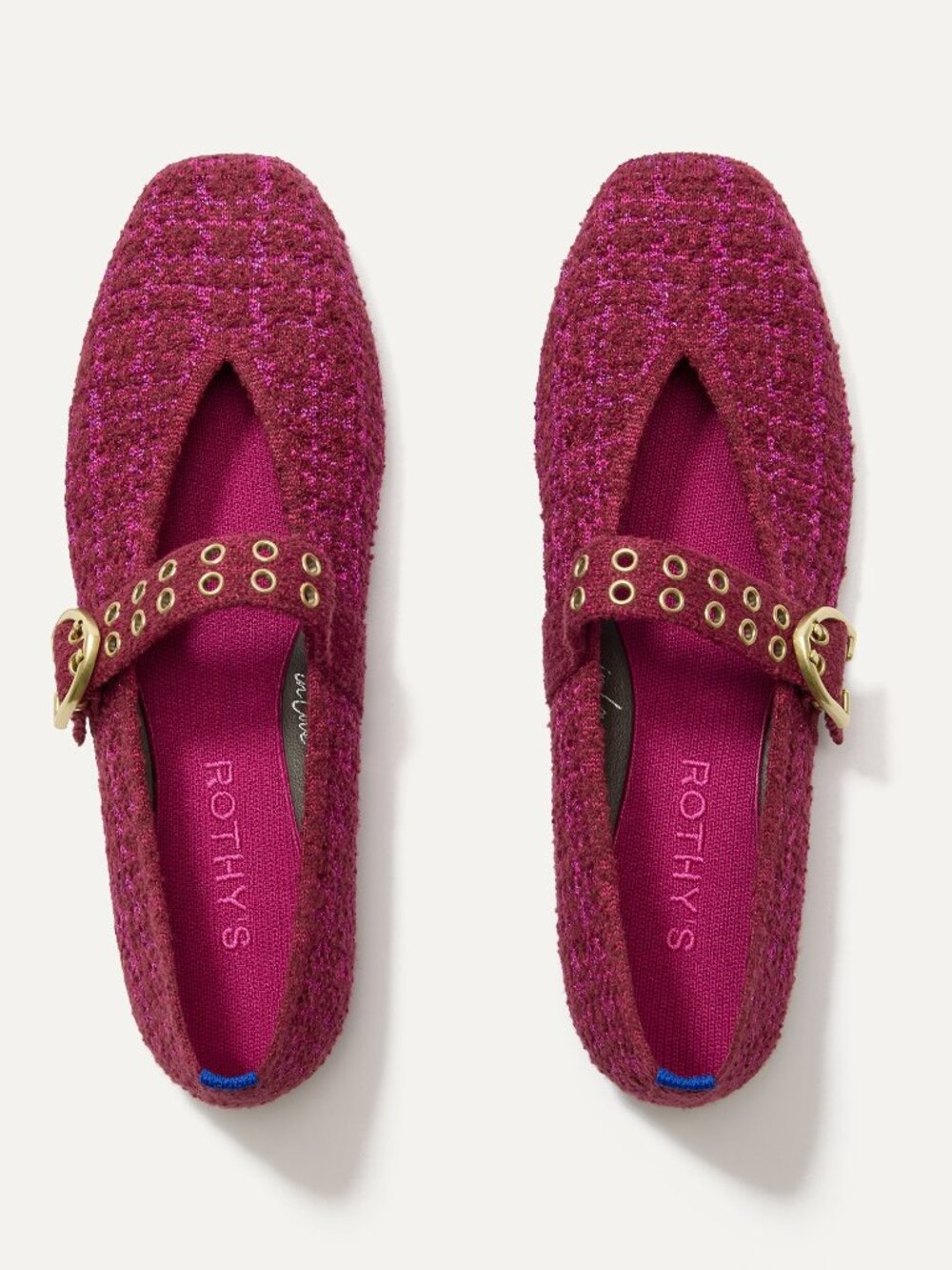 Rothy's Magenta Tweed Mary Jane Heels with Gold Buckle